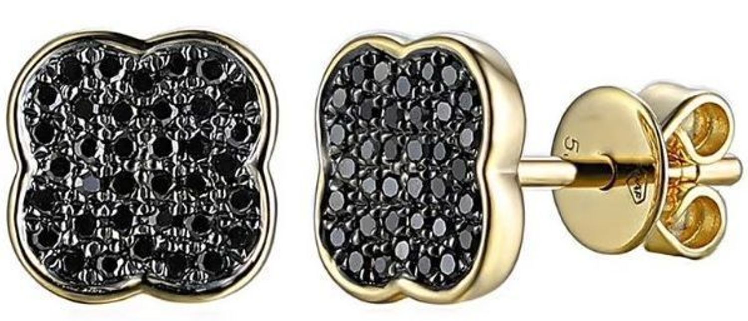 Kolczyki złote damskie 585 wkrętki koniczynki z czarnymi diamentami 0,16 ct E86410Y S BD.jpg